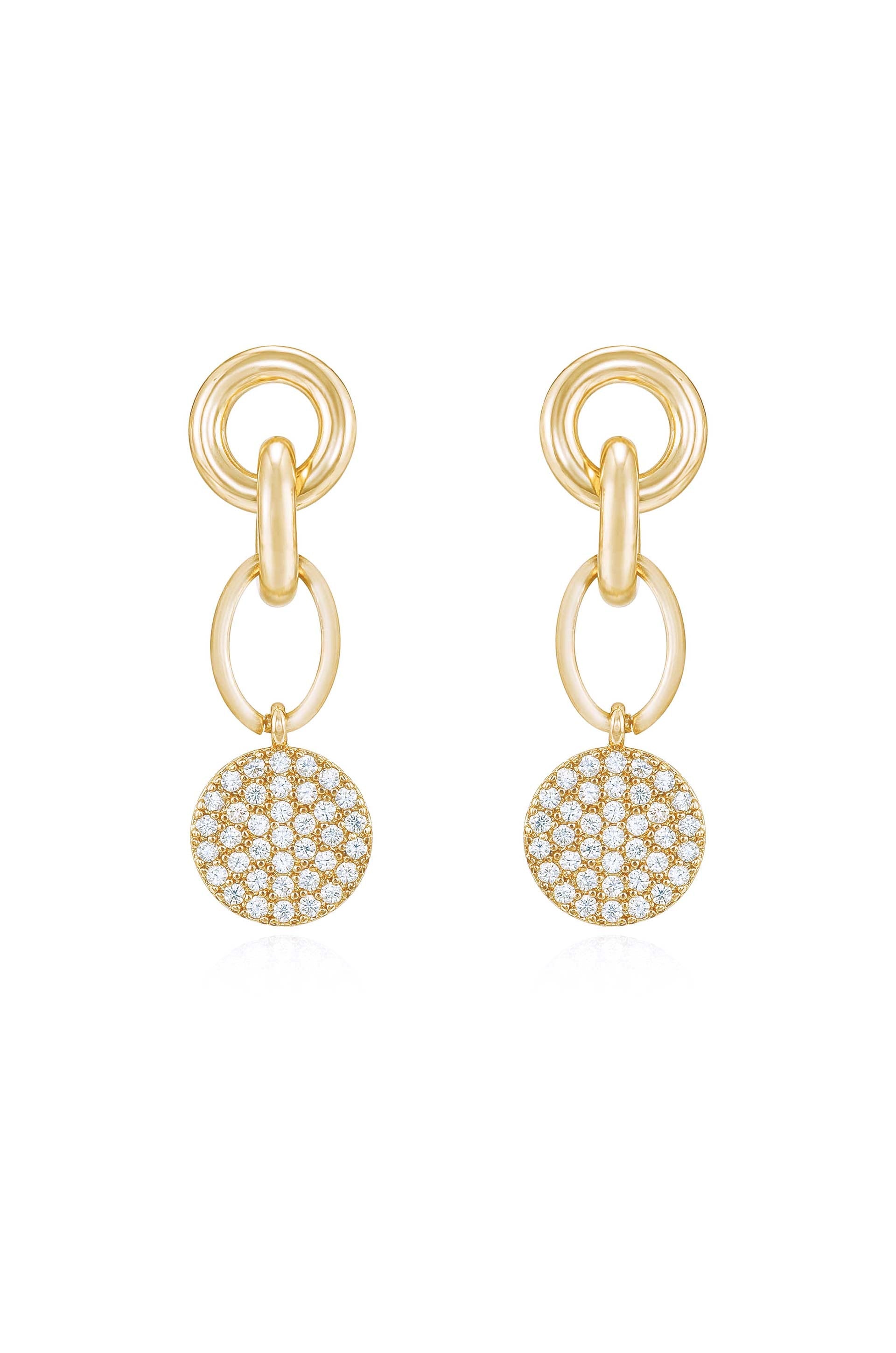 Gold earrings feature a layered design with two circular links and a sparkling round pendant adorned with small stones. They are displayed on a plain white background, highlighting their elegance.