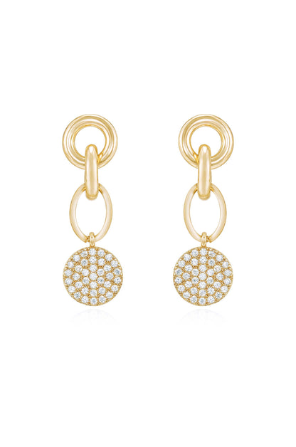 Gold earrings feature a layered design with two circular links and a sparkling round pendant adorned with small stones. They are displayed on a plain white background, highlighting their elegance.