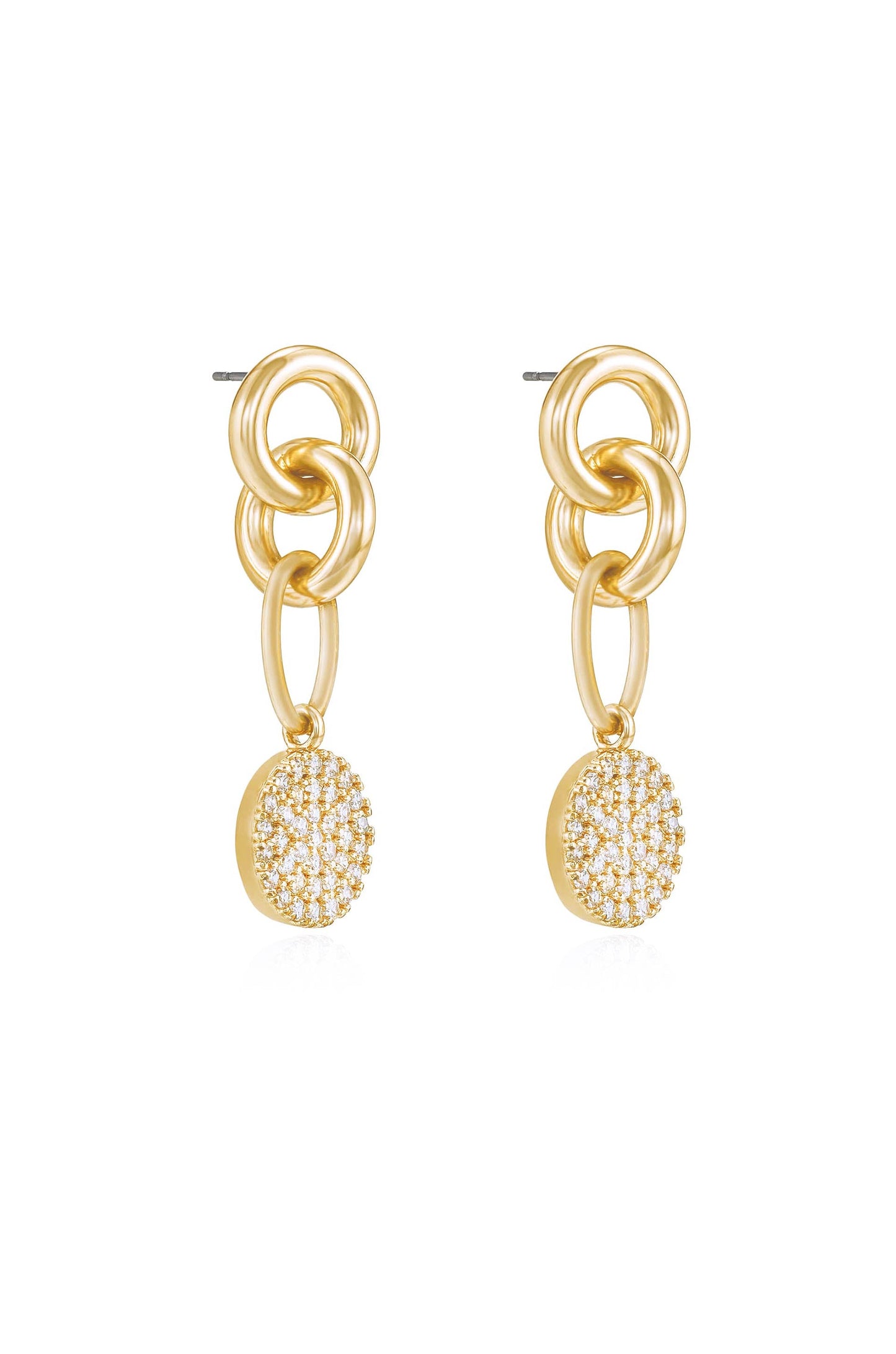 Gold earrings feature interlinked circular chains, dangling from which is a round pendant embellished with sparkling crystals, creating a stylish and elegant accessory suitable for various occasions.