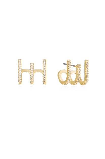 Gold earrings shaped as "hh" and "dw," adorned with sparkling stones. They are displayed against a plain white background, highlighting their design and shine.