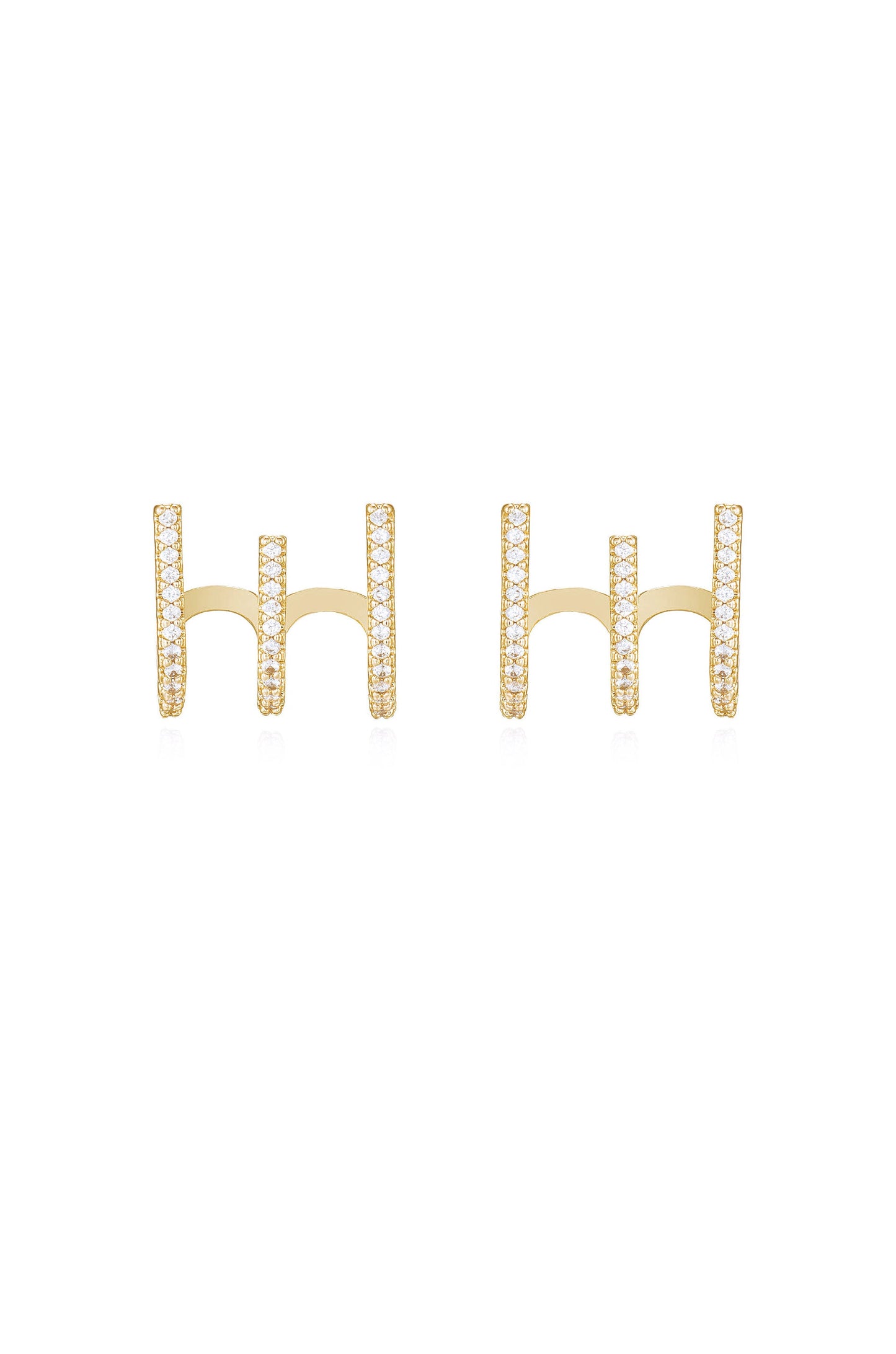 Gold earrings featuring vertical bars encrusted with clear rhinestones. The earrings are presented on a plain white background, emphasizing their sparkle and modern design.