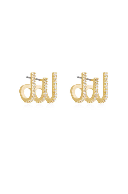 Gold, loop-shaped earrings adorned with small, sparkling stones are displayed against a plain white background, emphasizing their shine and elegant design.