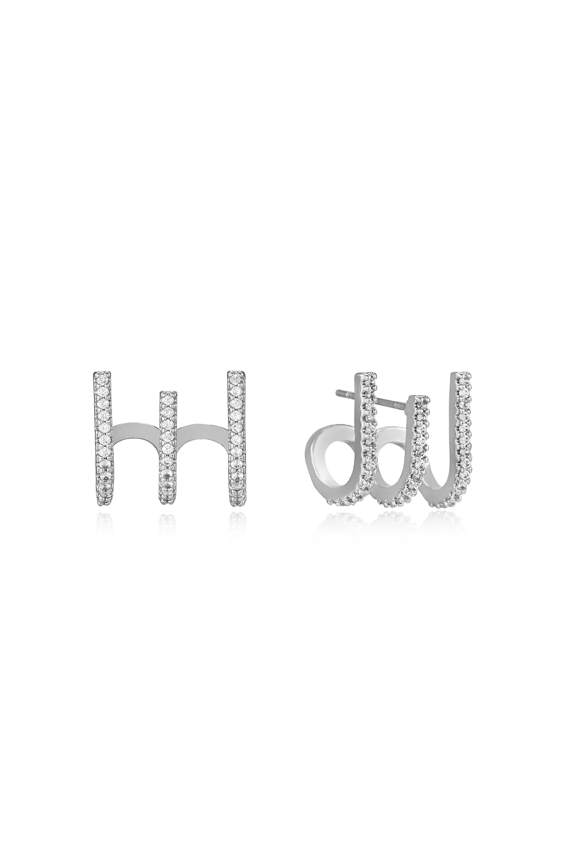 Two silver earrings are displayed side by side, featuring a modern design with sparkling embellishments. The left earring resembles â€œhh,â€ while the right one mimics â€œdw.â€