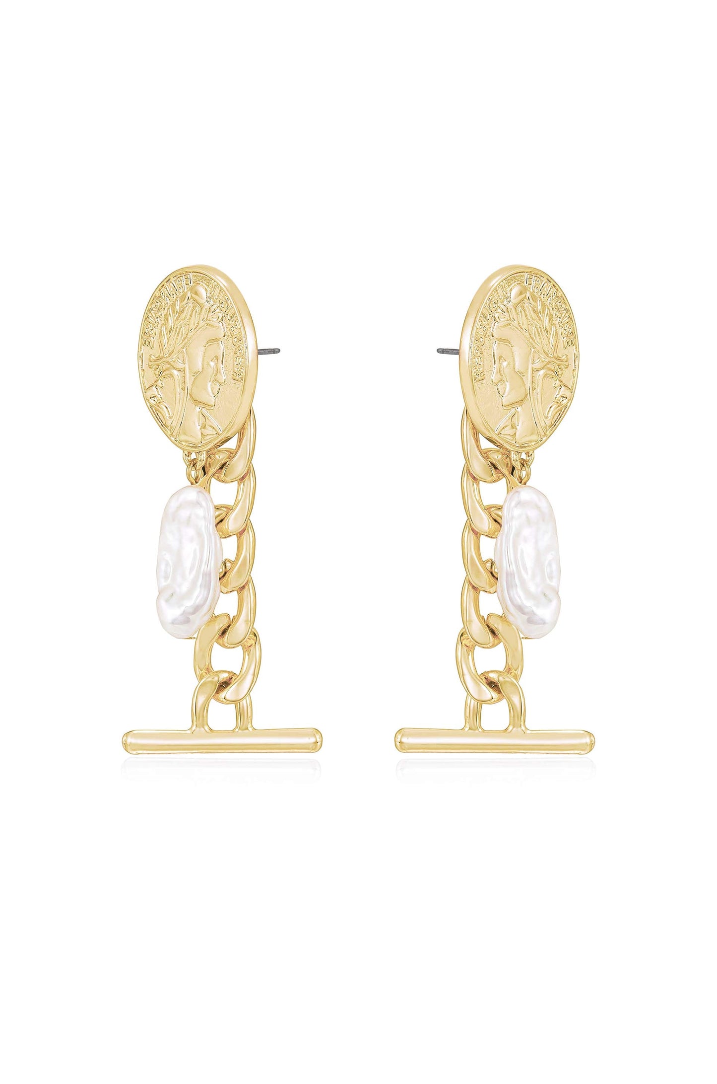 Gold earrings featuring a coin design with a profile, linked to a chain with a textured white pearl hanging below. The pieces are elegant and stylish, suitable for formal occasions.