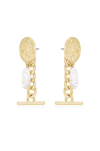 Gold earrings featuring a coin design with a profile, linked to a chain with a textured white pearl hanging below. The pieces are elegant and stylish, suitable for formal occasions.