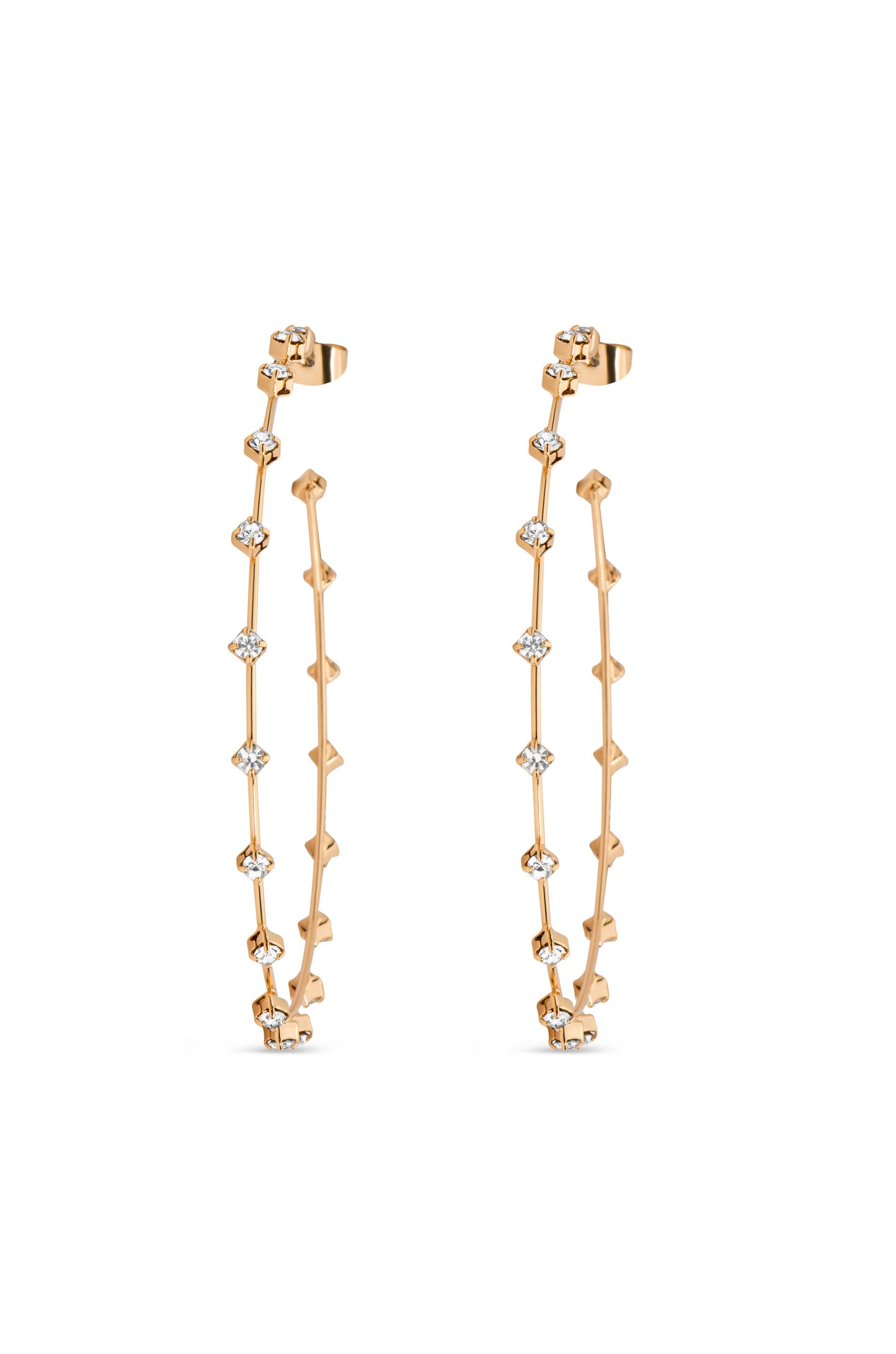 Two elegant gold earrings are displayed, featuring a delicate chain design adorned with small sparkling diamonds. They are designed to hang gracefully, suitable for formal occasions or everyday wear.