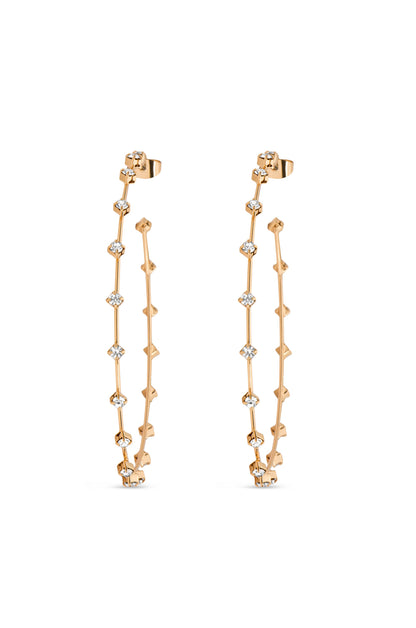 Two elegant gold earrings are displayed, featuring a delicate chain design adorned with small sparkling diamonds. They are designed to hang gracefully, suitable for formal occasions or everyday wear.