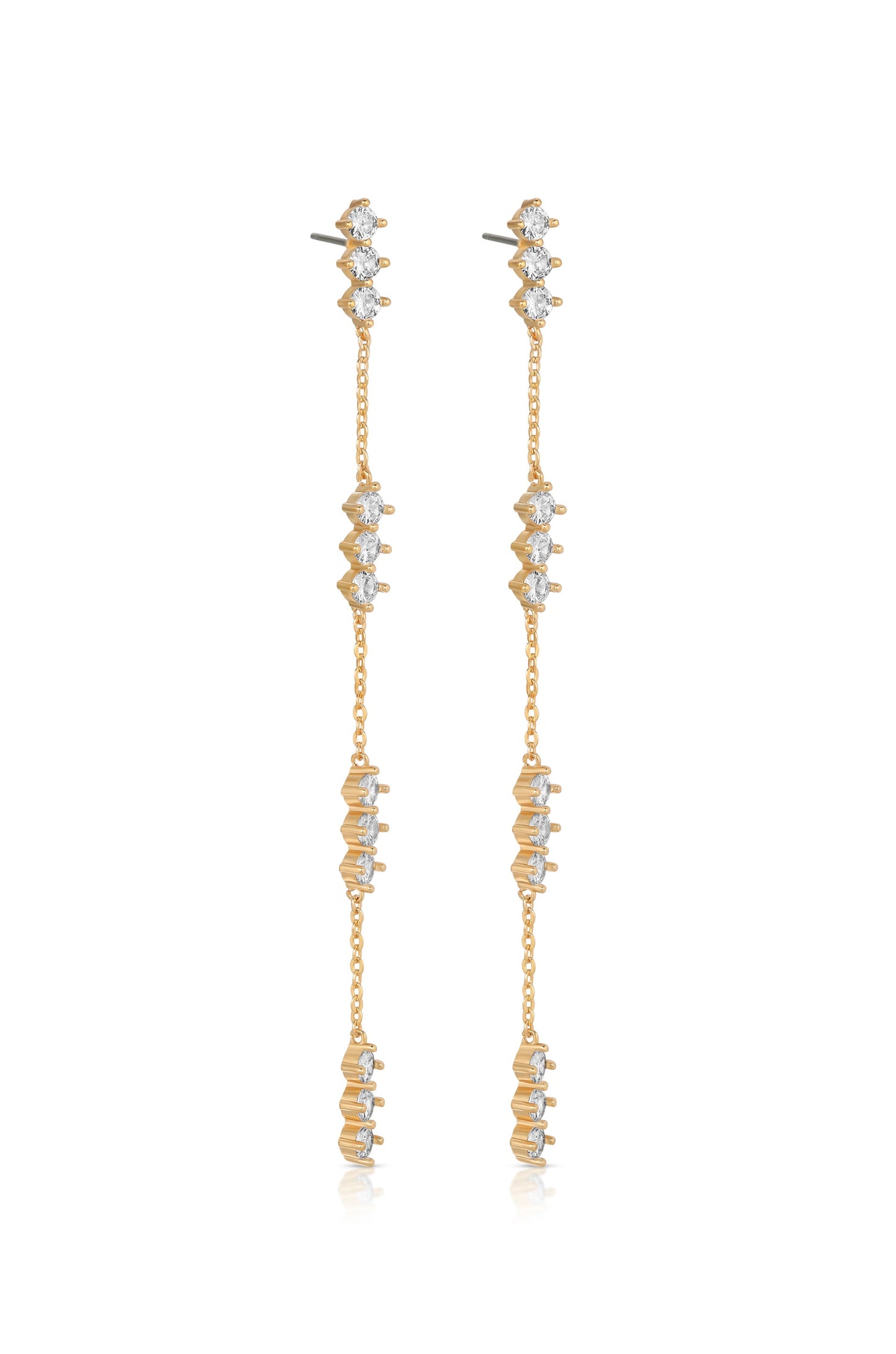 Stylish earrings designed with a gold chain featuring alternating patterns of gold and sparkling stones. They dangle elegantly, suitable for a fashionable occasion or evening wear.