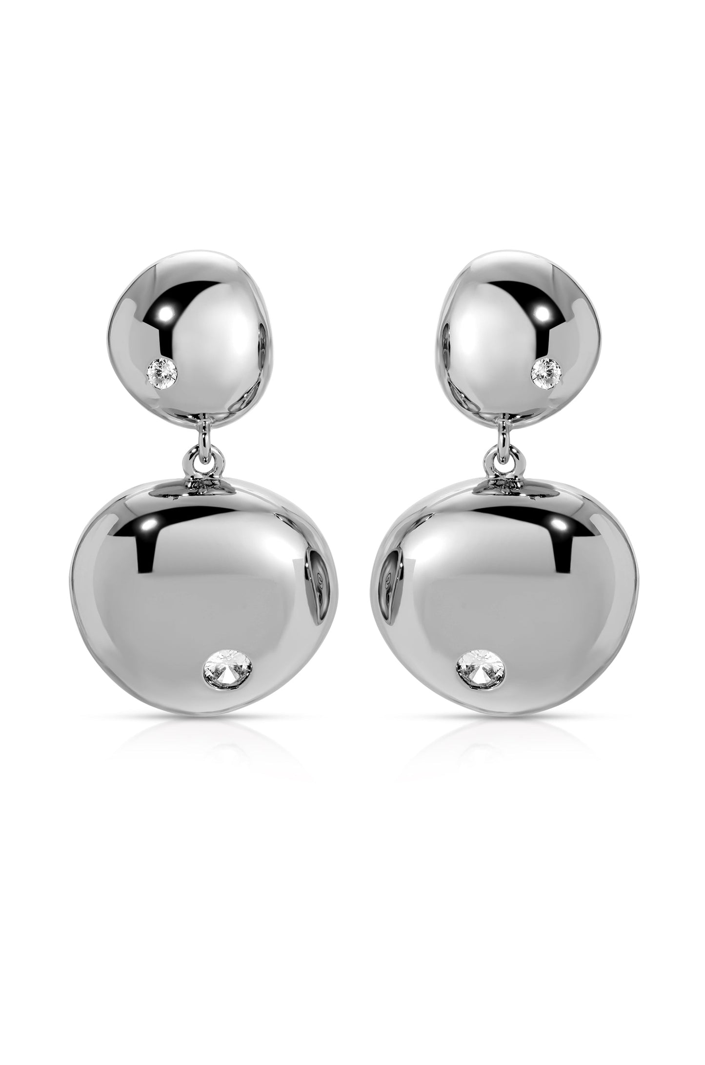 Silver earrings with a polished, reflective surface featuring two rounded sectionsâ€”one larger than the otherâ€”each adorned with a small gem near the base, displayed against a plain background.