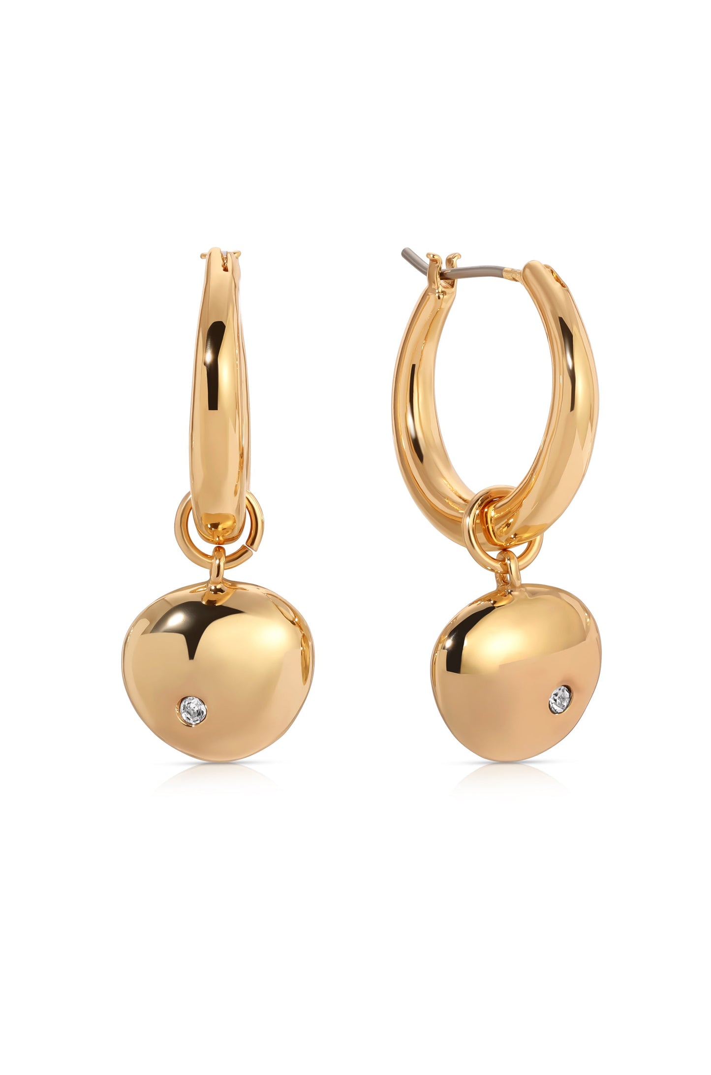 Gold hoop earrings with rounded pendants featuring a small diamond are displayed together, showcasing their shiny finish and elegant design against a light, neutral background.