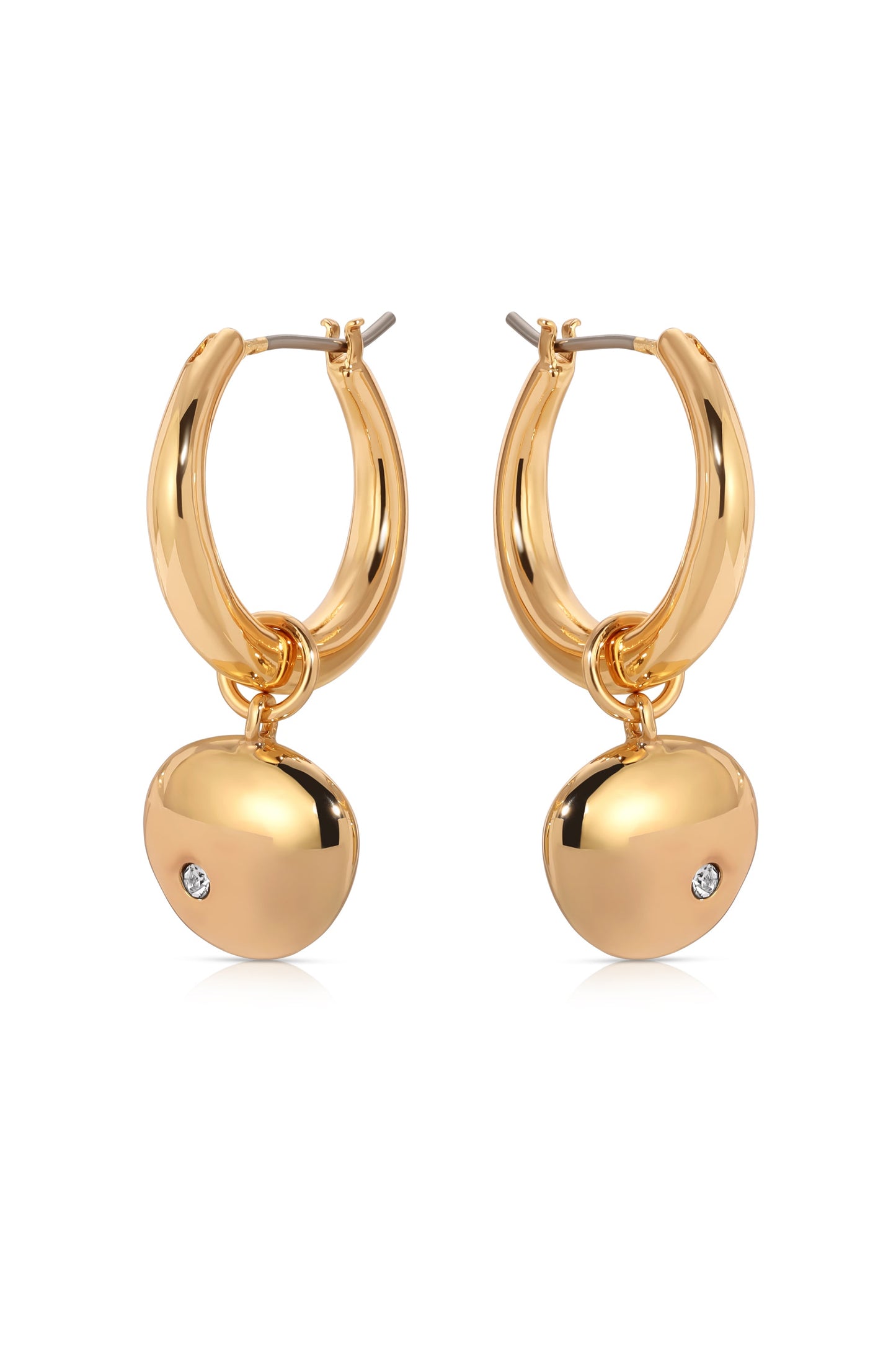 Gold hoop earrings with a shiny, rounded charm dangling from each. The charms feature a small diamond accent, reflecting light against a simple white backdrop, highlighting their elegant design.