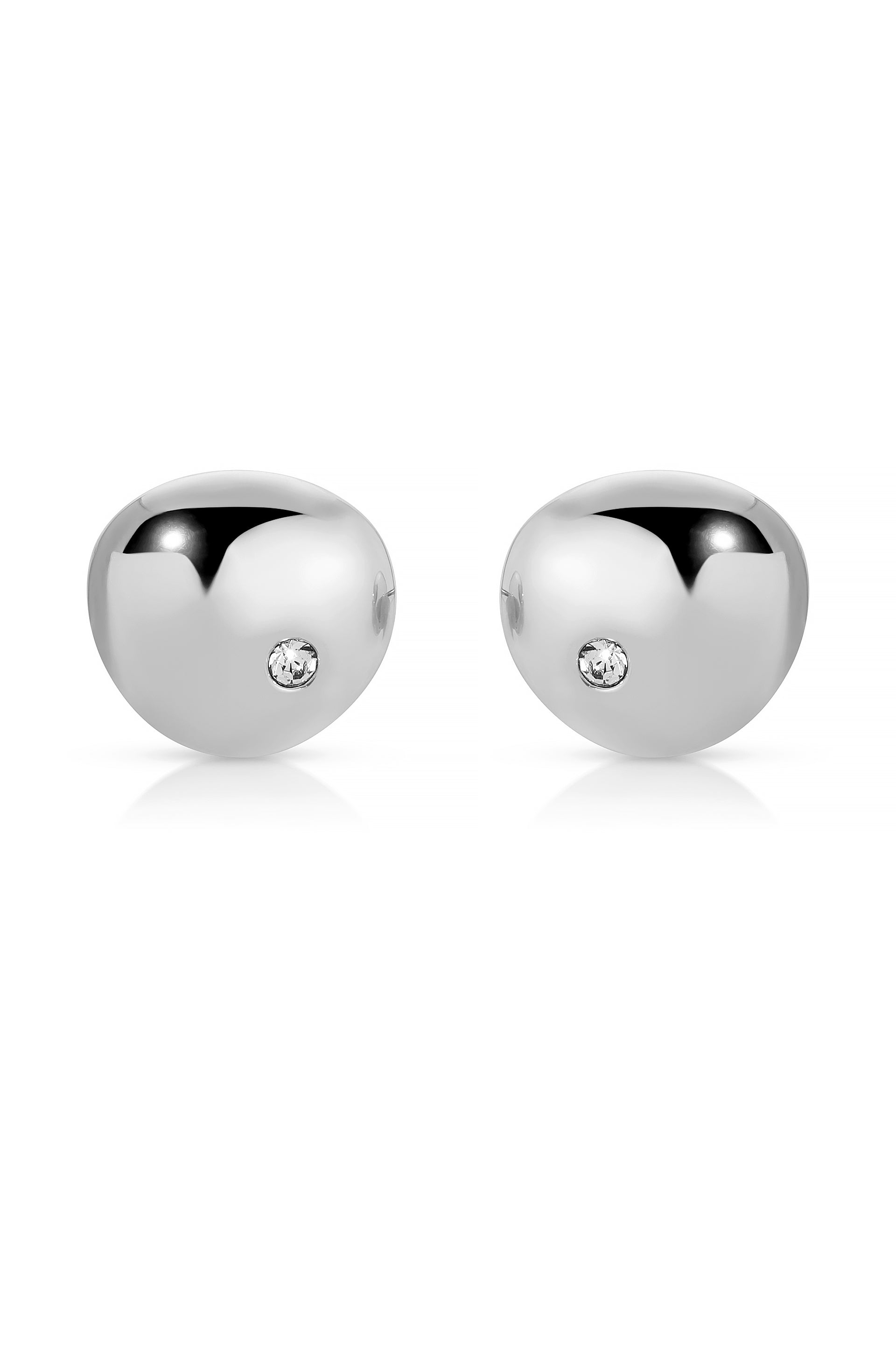 Two spherical silver earrings, each featuring a small diamond-like embellishment, are displayed against a plain white background, highlighting their sleek, polished design and reflective surfaces.