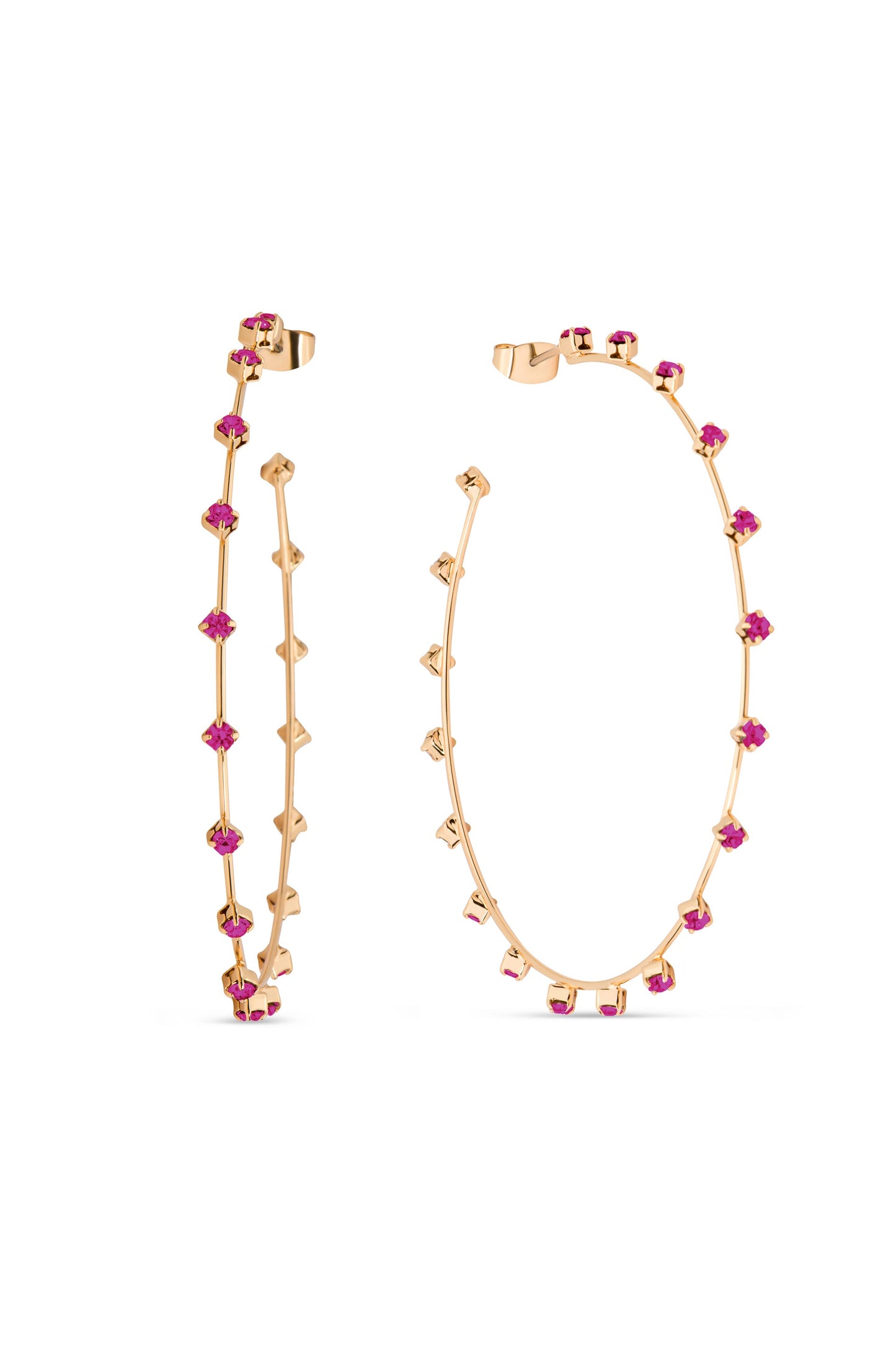 Two elegant hoop earrings are displayed, featuring a gold frame adorned with small pink gemstones. Their design is sleek and modern, showcasing a sophisticated jewelry style.