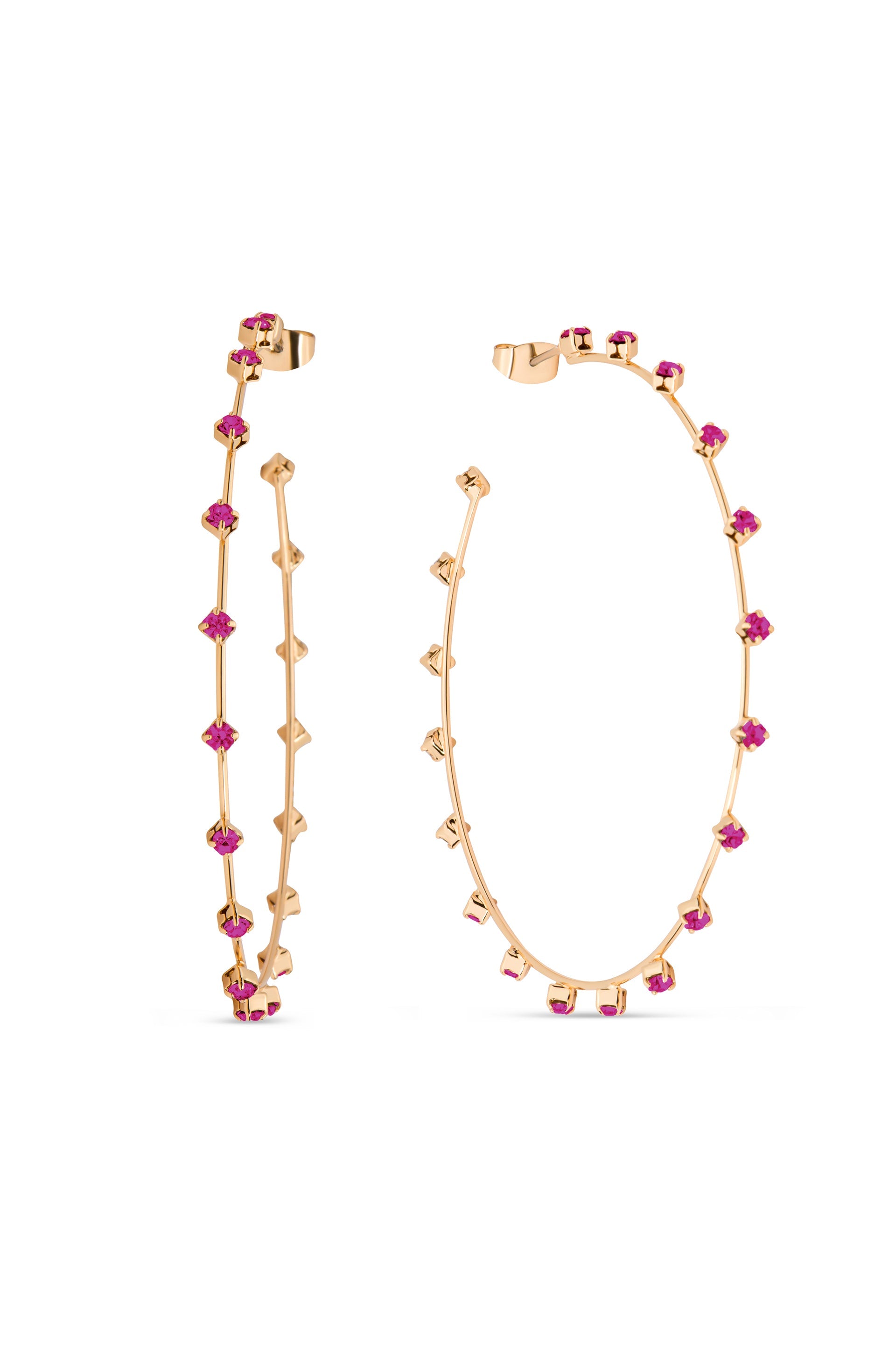 Two elegant hoop earrings are displayed, featuring a gold frame adorned with small pink gemstones. Their design is sleek and modern, showcasing a sophisticated jewelry style.