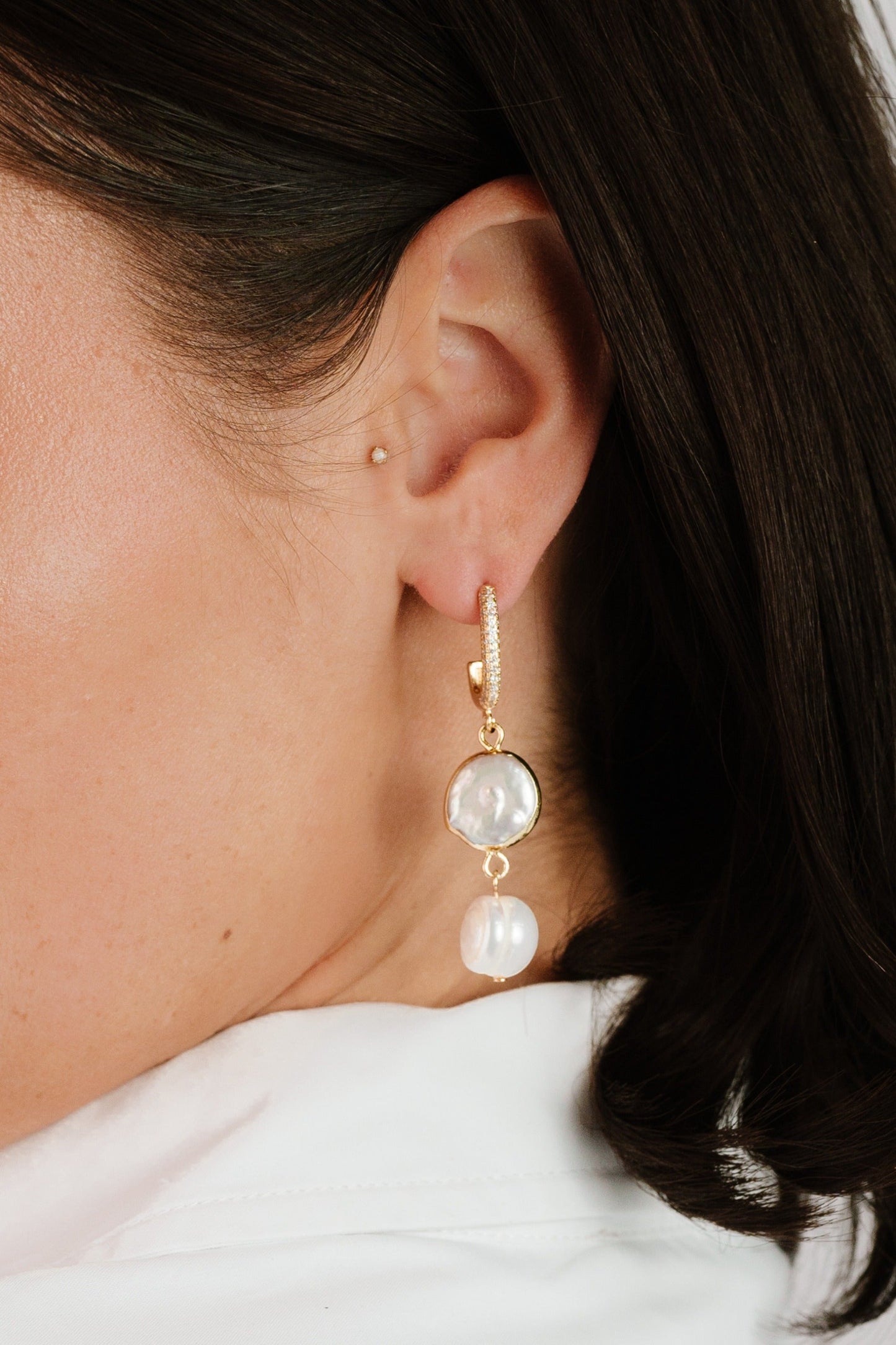 Dangling Freshwater Pearl Huggie Hoop Earrings