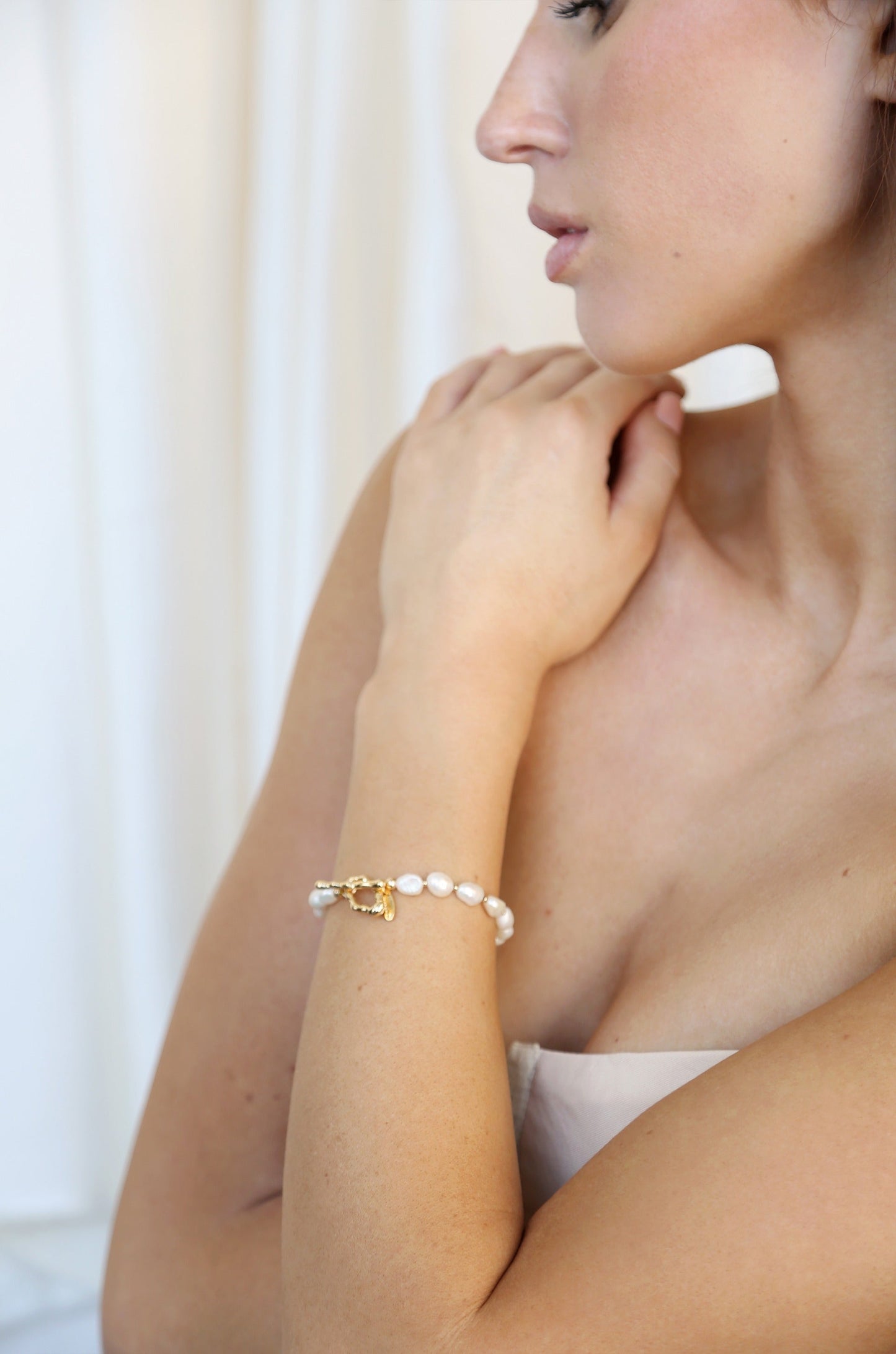 Freshwater Pearl and Gold Nugget Toggle Bracelet