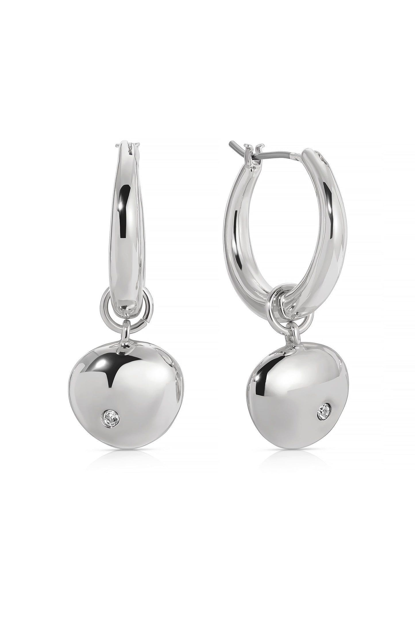 A pair of silver hoop earrings is displayed, featuring smooth rounded charms at the bottom. They shine brightly against a clean, white background, emphasizing their polished finish.