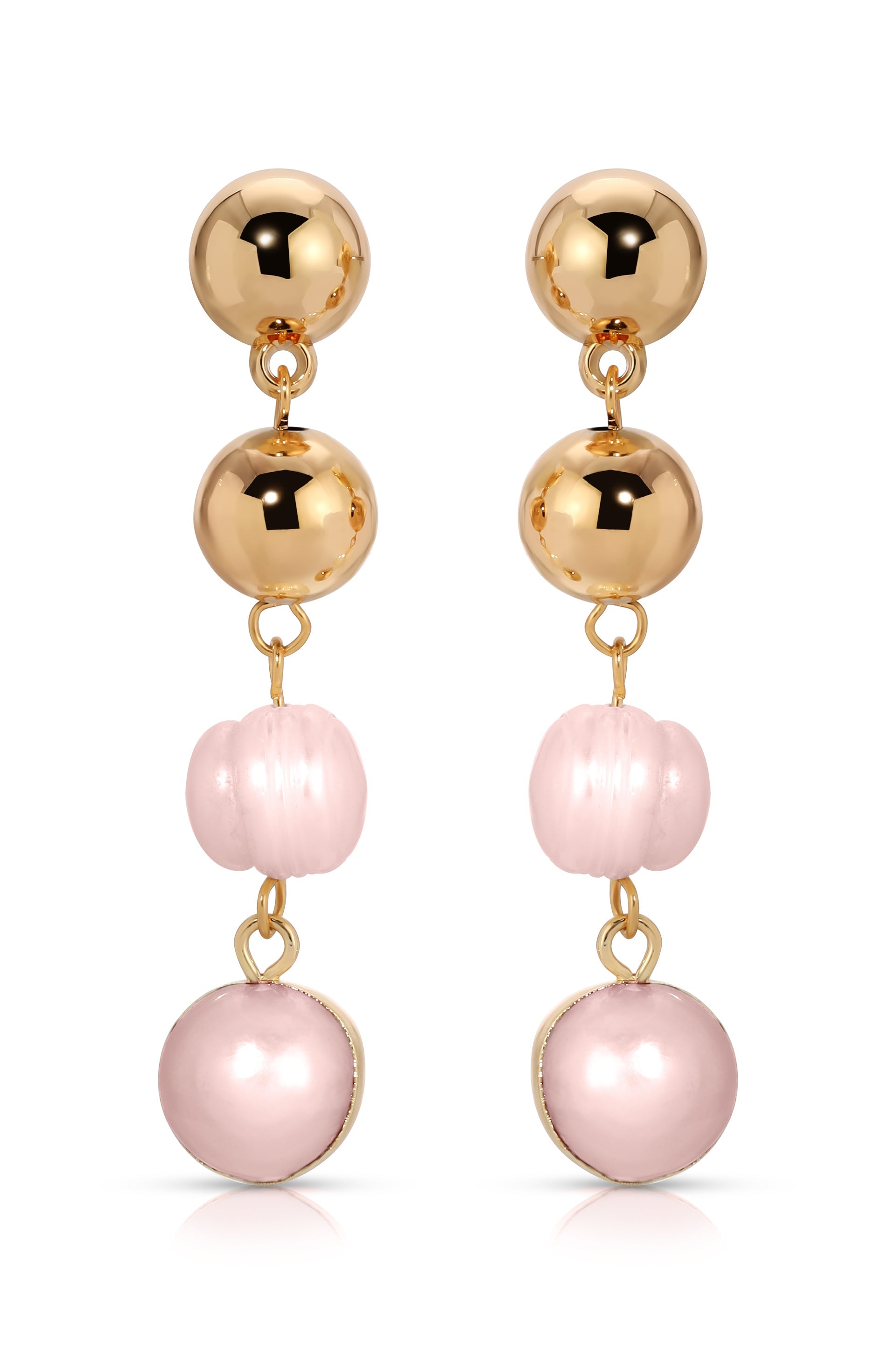 Two pairs of earrings feature a design with a shiny gold spherical top, a pink rounded bead in the middle, and a larger pink sphere at the bottom, creating an elegant look.