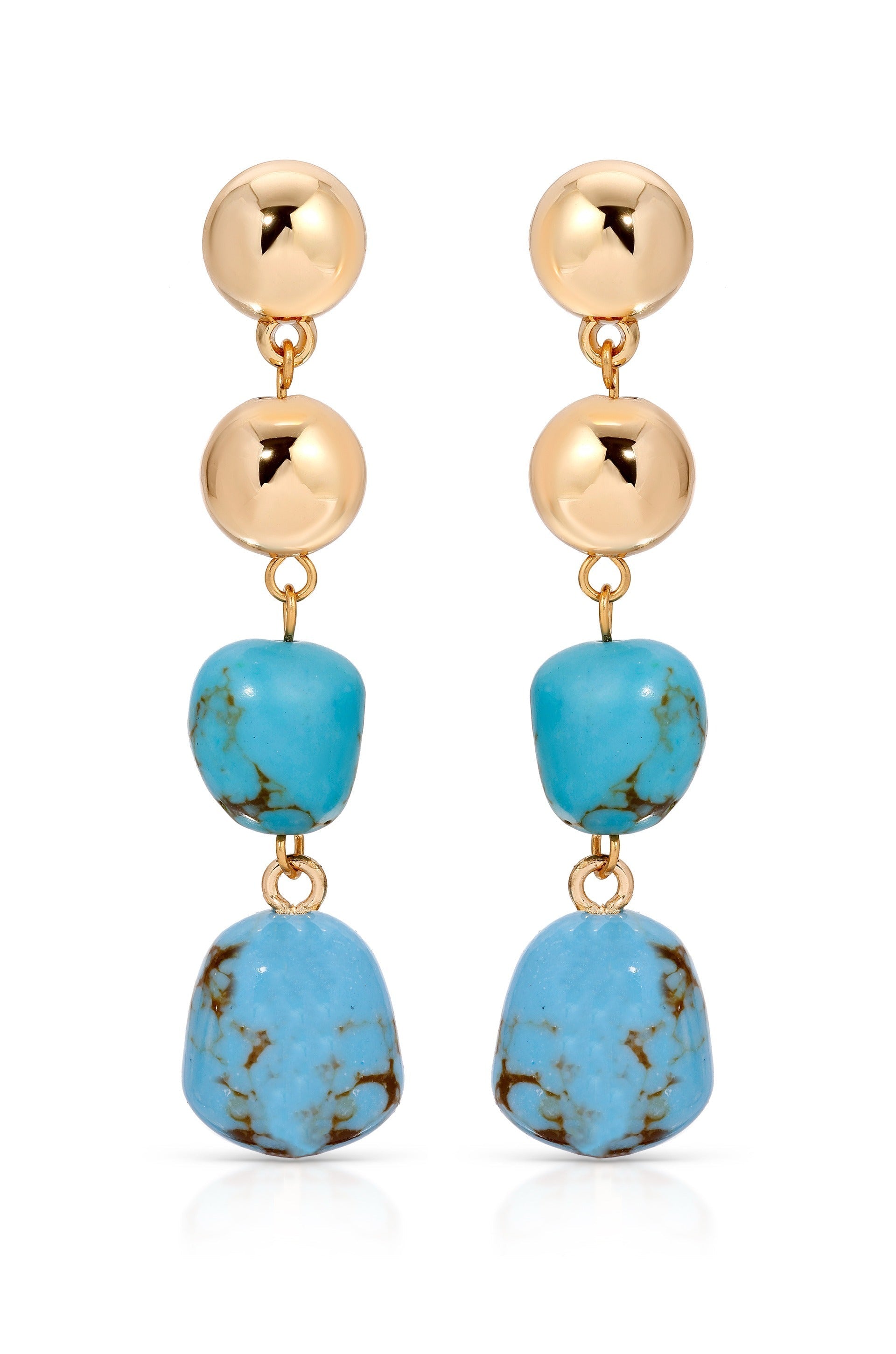 Two stylish earrings feature a top round glossy gold ball, a turquoise stone beneath it, and a larger turquoise stone at the bottom, showcasing a chic, modern design.