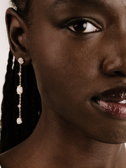 A close-up of a person's face showcases an elegant gold earring with three opalescent stones hanging from the earlobe. The skin tone is deep and rich, complementing the jewelry.