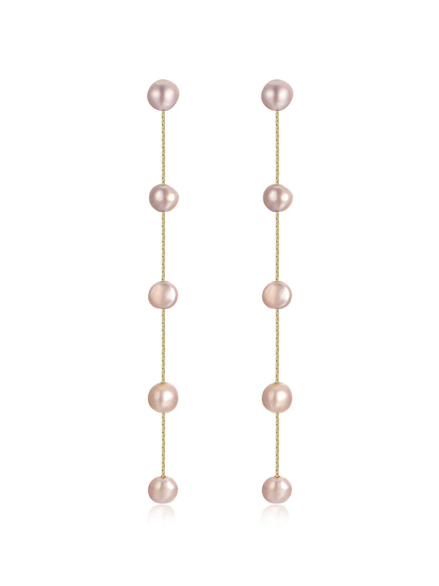 Two long, dangling earrings feature a series of round, pink pearls connected by thin gold chains, designed to enhance elegance and complement formal or casual attire.