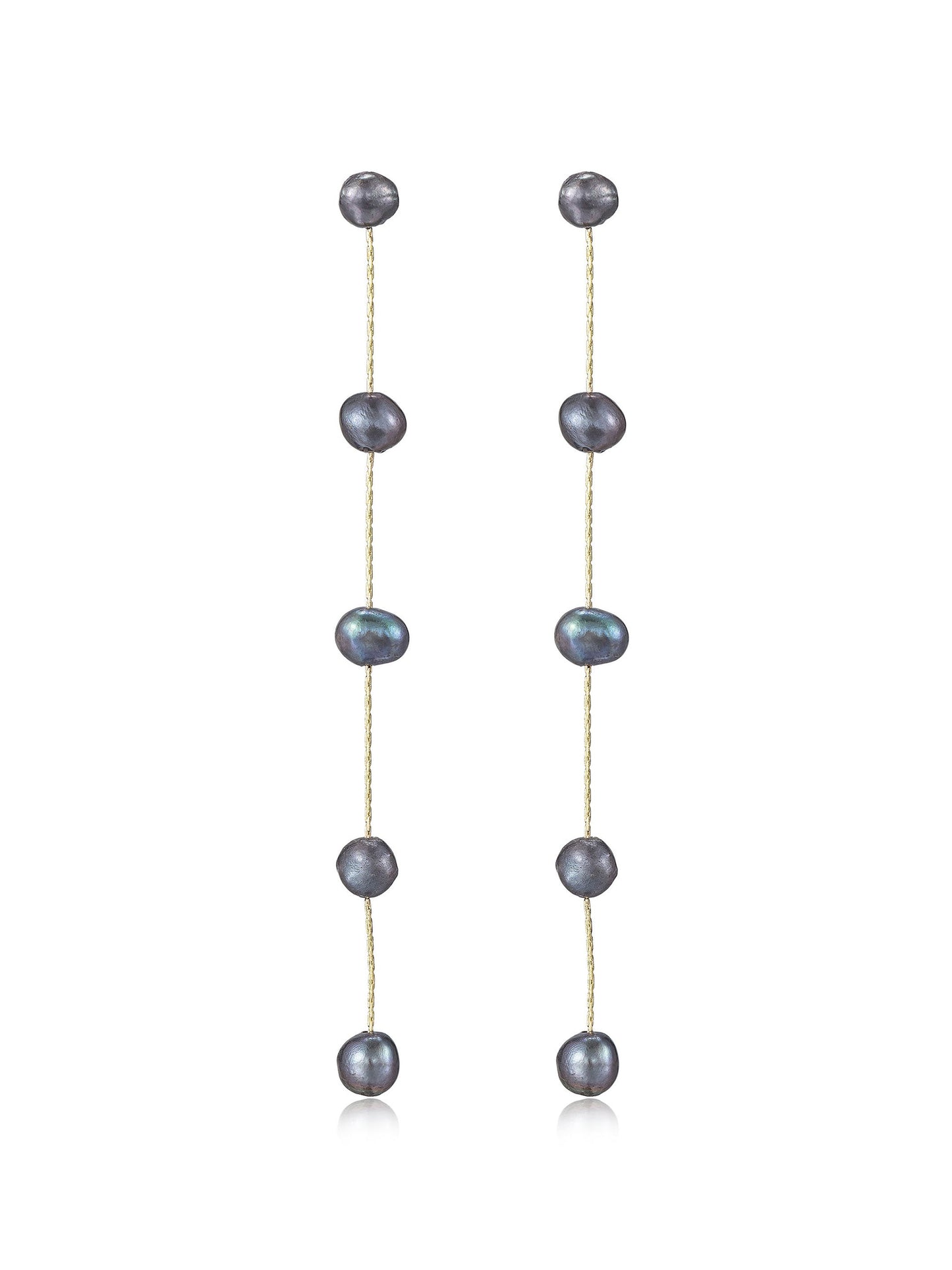 Dangling earrings made of dark, iridescent pearls are suspended on gold threads. They hang vertically, showcasing a smooth, elegant design suitable for formal or casual wear.