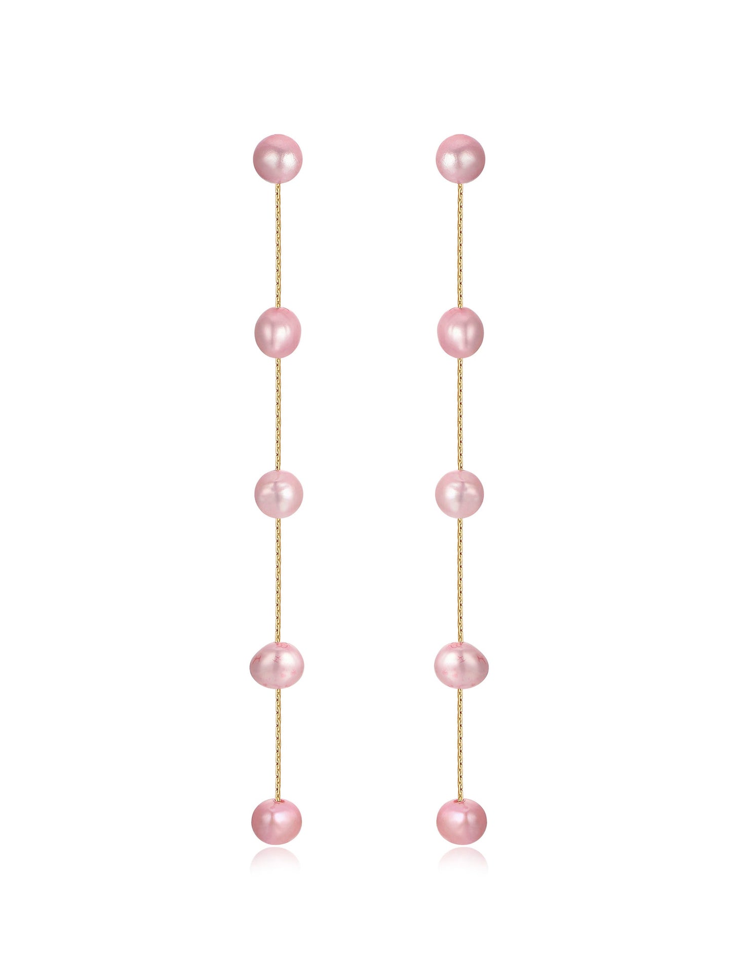 Two earrings with a vertical design feature alternating pink pearls and gold links, elegantly hanging straight down, suggesting a refined and contemporary accessory suitable for formal or casual occasions.