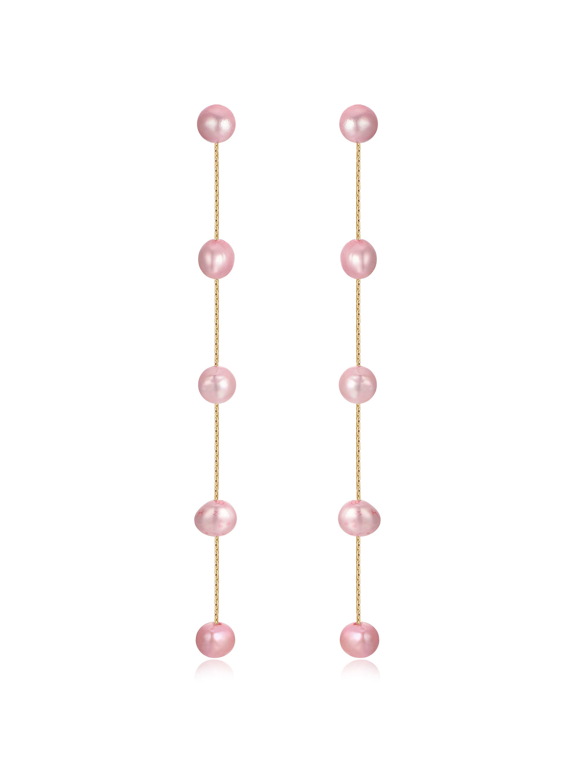 Two earrings with a vertical design feature alternating pink pearls and gold links, elegantly hanging straight down, suggesting a refined and contemporary accessory suitable for formal or casual occasions.