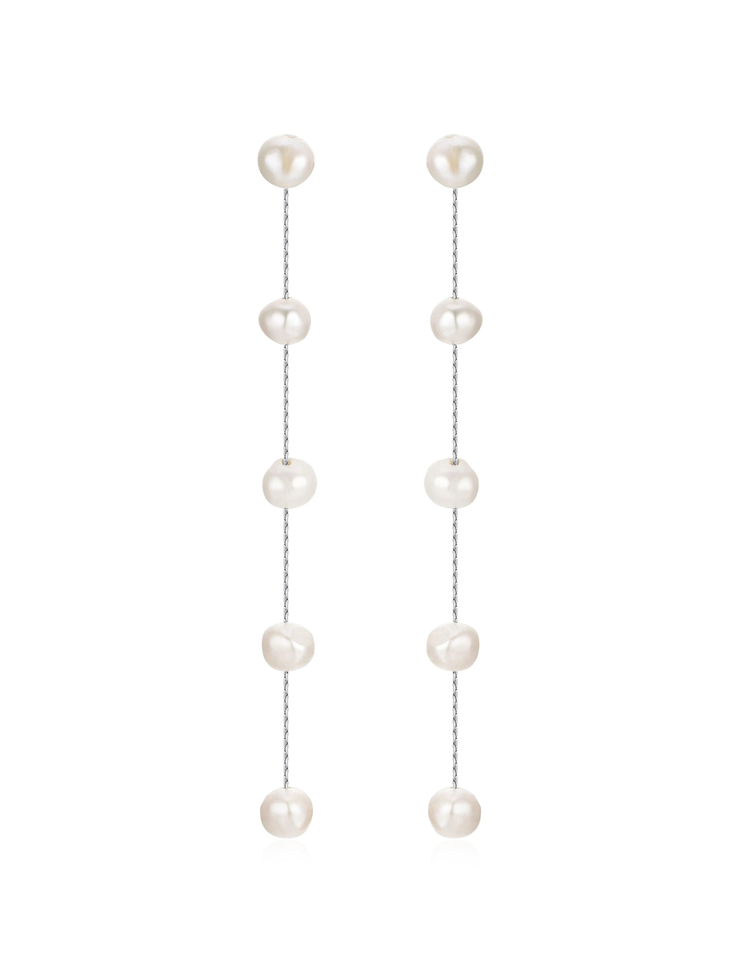 Elegant earrings composed of multiple round pearls strung vertically on thin metal chains, hanging down in a straight line, set against a plain white background.