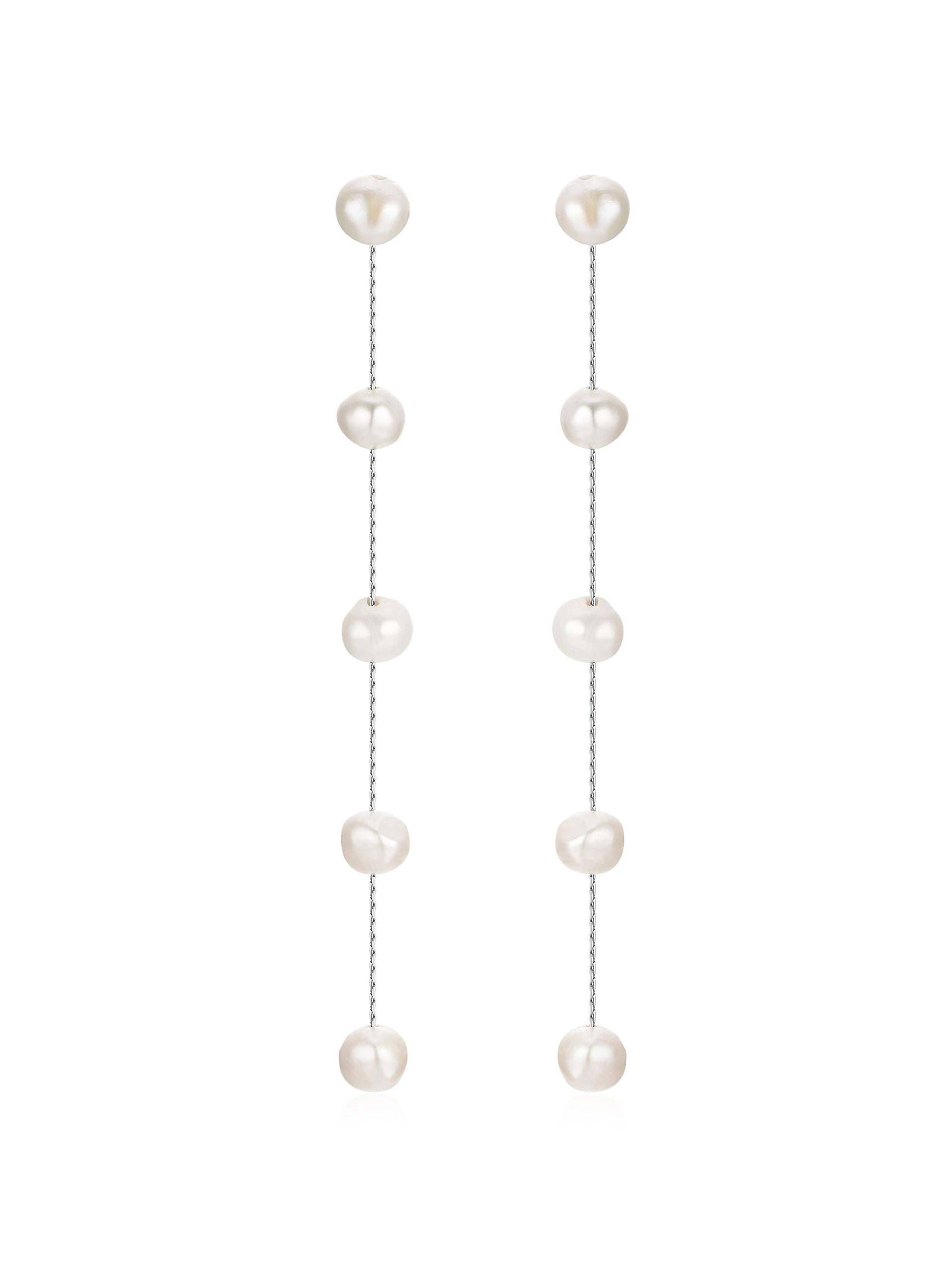 Elegant earrings composed of multiple round pearls strung vertically on thin metal chains, hanging down in a straight line, set against a plain white background.