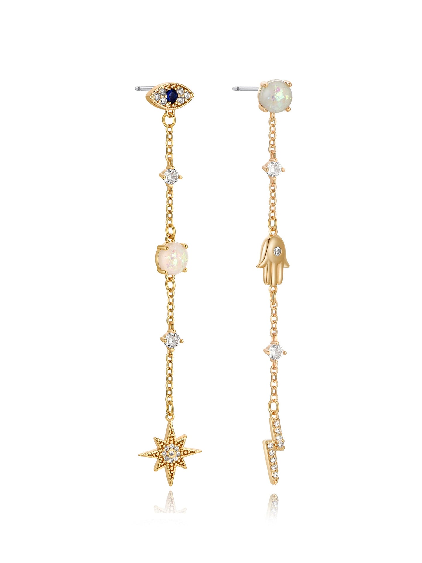 Gold drop earrings feature a series of charms: an eye, opal beads, a hand, a star, and a lightning bolt, creating a whimsical and elegant design.