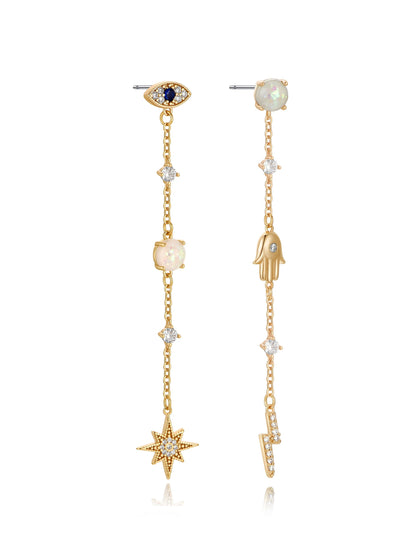 Gold drop earrings feature a series of charms: an eye, opal beads, a hand, a star, and a lightning bolt, creating a whimsical and elegant design.