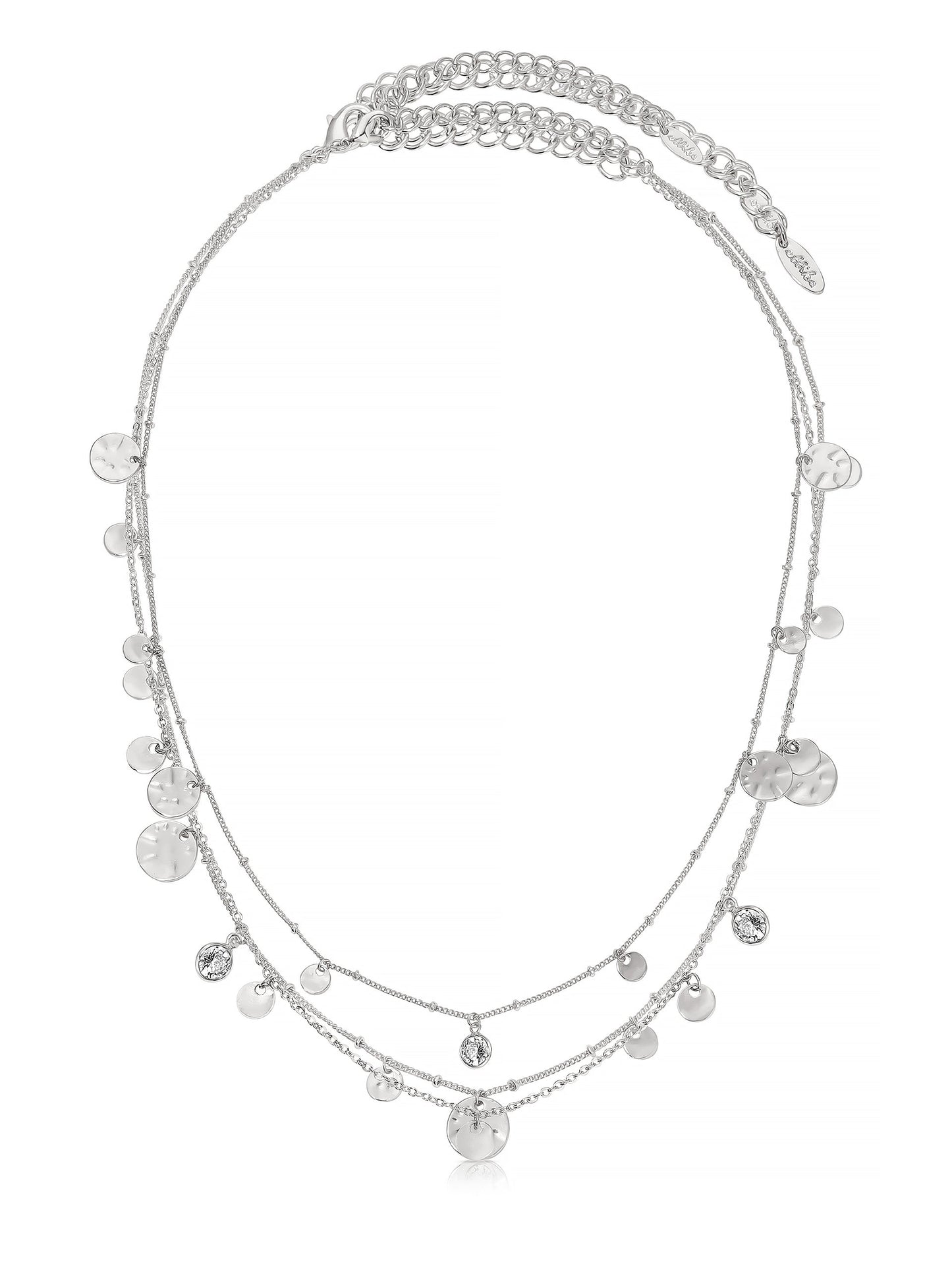 A silver necklace features multiple strands adorned with circular discs and small gemstones, displaying a delicate and layered design against a plain white background.