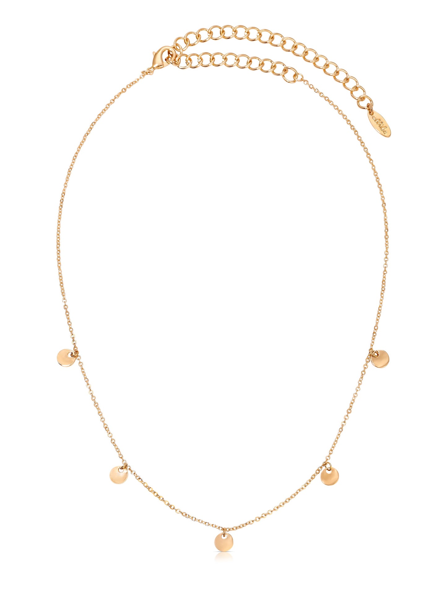 A delicate gold necklace features a thin chain adorned with several small, circular pendants evenly spaced along its length. It is designed to be worn around the neck and accentuates elegance.