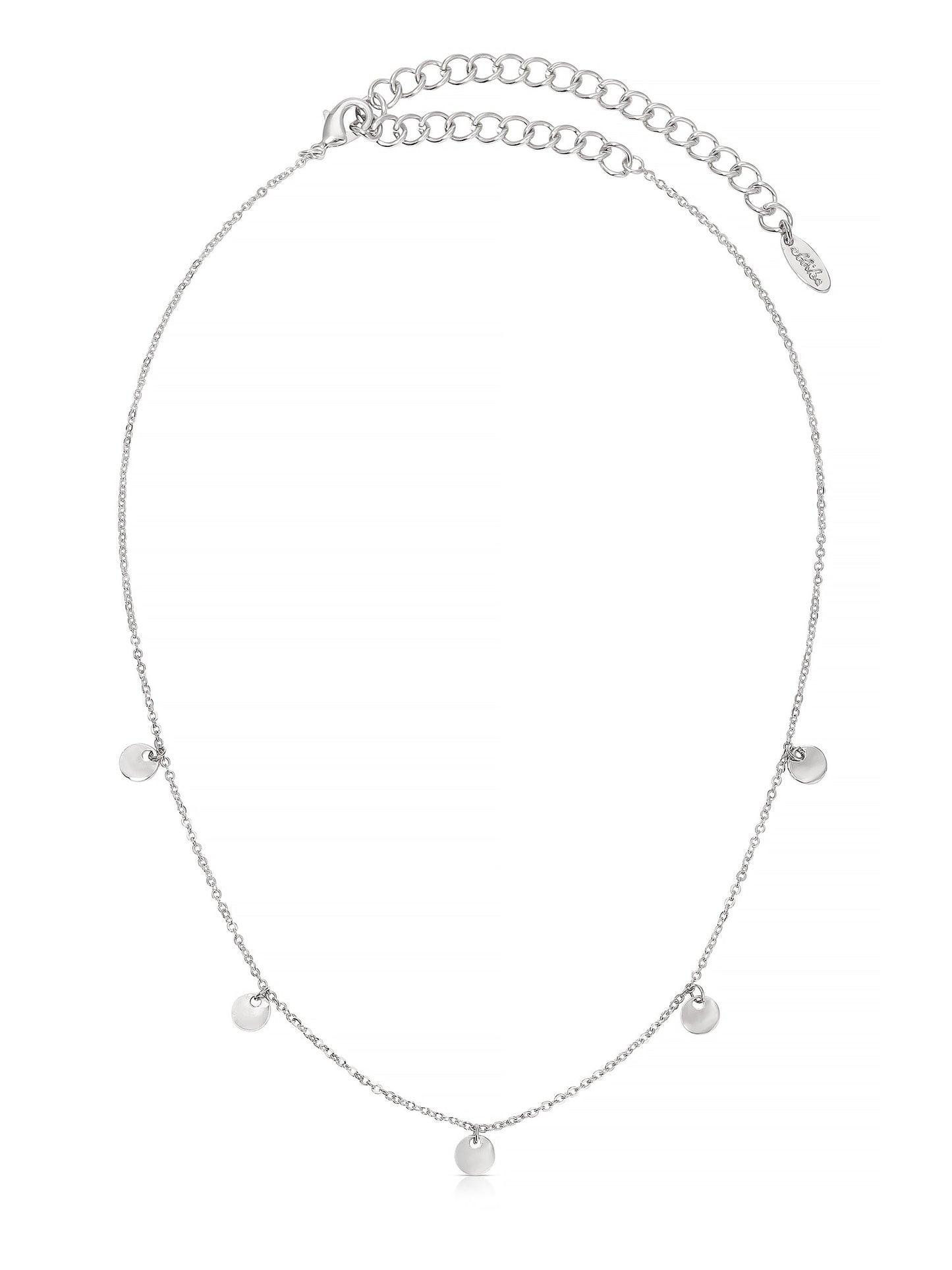 A silver chain necklace features multiple small circular pendants evenly spaced along its length. The delicate chain contrasts with the shiny pendants, creating a simple yet elegant design.