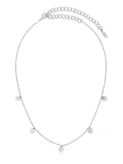 A silver chain necklace features multiple small circular pendants evenly spaced along its length. The delicate chain contrasts with the shiny pendants, creating a simple yet elegant design.