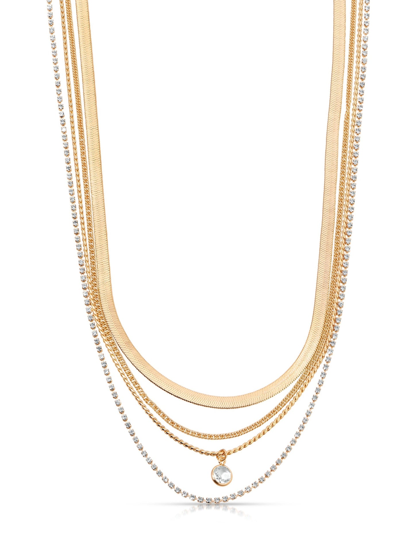 A layered necklace showcases multiple strands of gold and silver chains, with a sparkling pendant hanging from the bottommost chain, displayed against a plain background, emphasizing its elegance and shine.