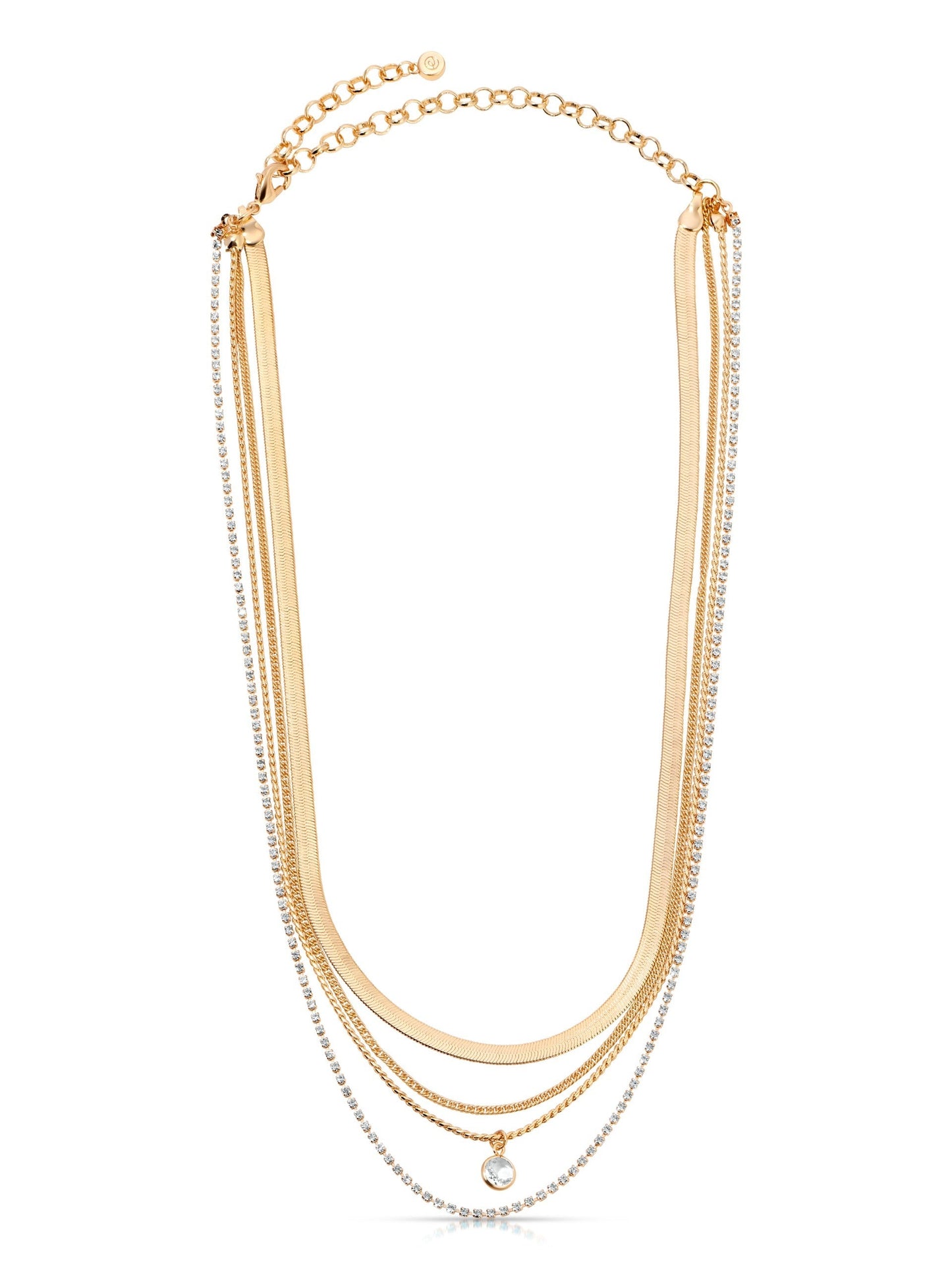 A multi-layered necklace features several chains of varying thicknesses, including gold and silver elements, with a sparkling pendant at the center, displayed against a plain background.