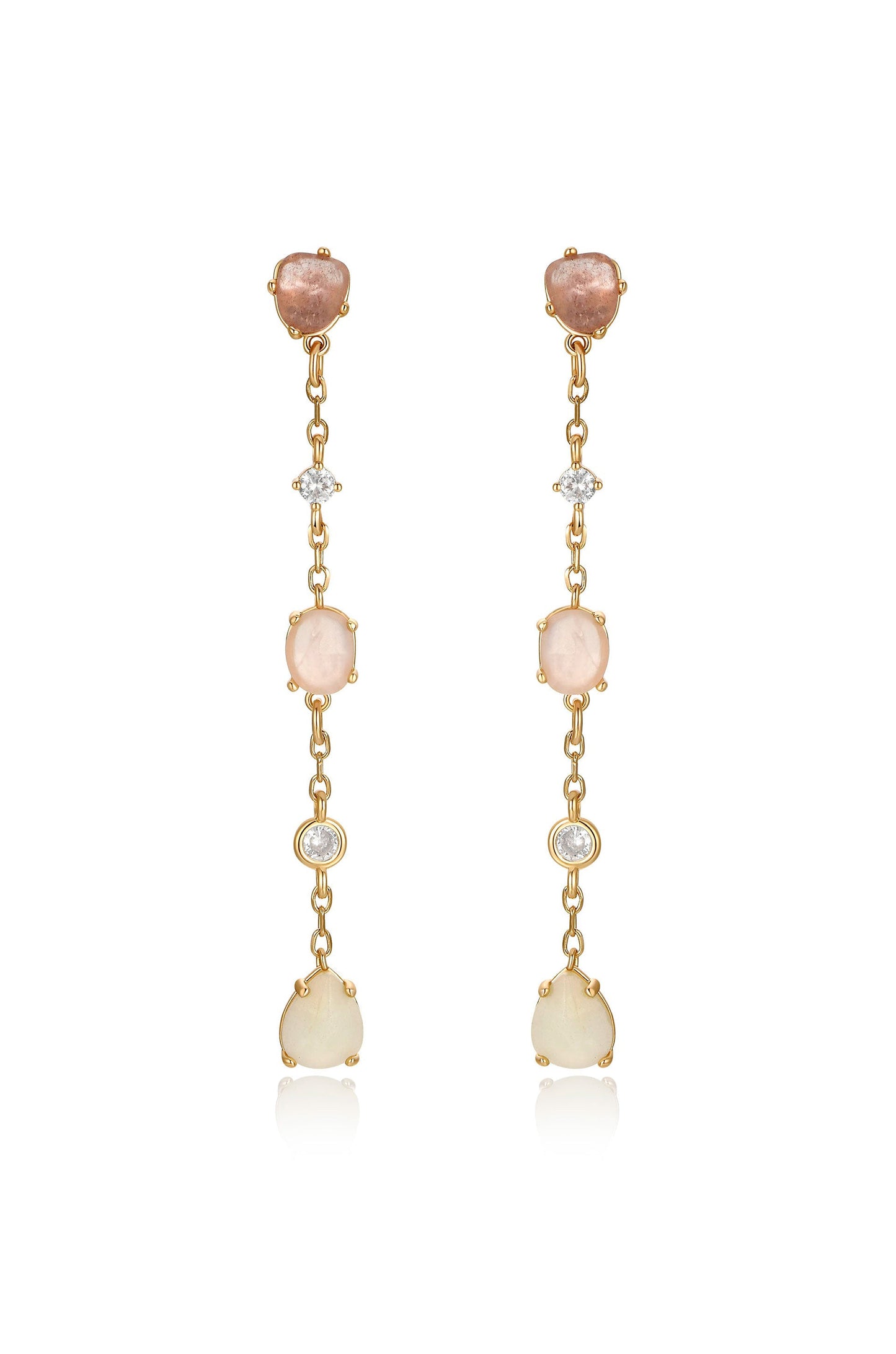 Dangling earrings feature a sequence of colored gemstones and diamonds linked by gold chains. They hang gracefully, showcasing an elegant design suitable for formal occasions or enhancing everyday attire.