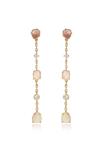 Dangling earrings feature a sequence of colored gemstones and diamonds linked by gold chains. They hang gracefully, showcasing an elegant design suitable for formal occasions or enhancing everyday attire.