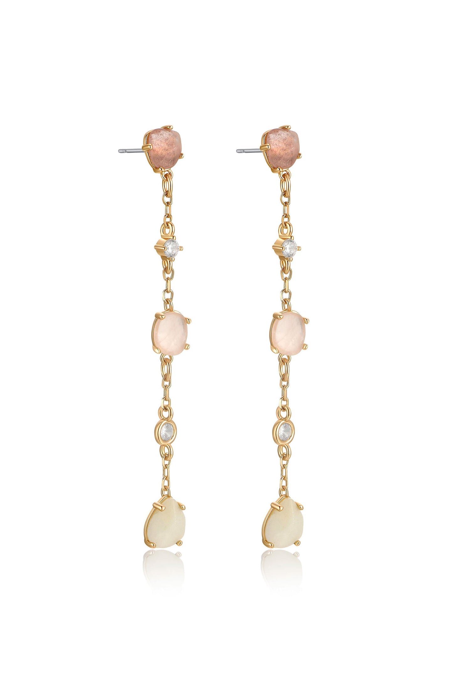 Dangling earrings showcase gold chain links adorned with pink and white stones. They reflect light, emphasizing their elegant design. The background is neutral, highlighting the jewelry's intricate craftsmanship.