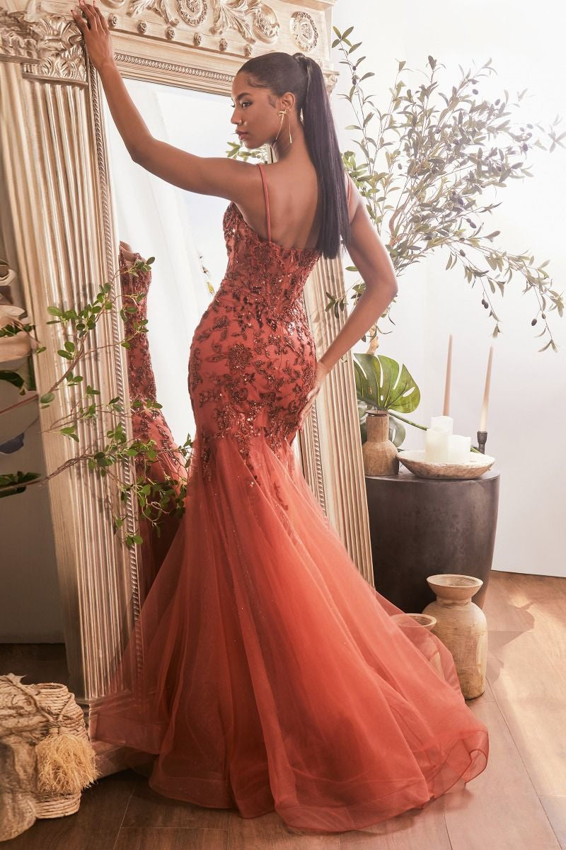 A woman in an intricately beaded, reddish gown poses gracefully in front of an ornate mirror. The soft, natural light highlights her elegant silhouette amid a stylish, contemporary room.