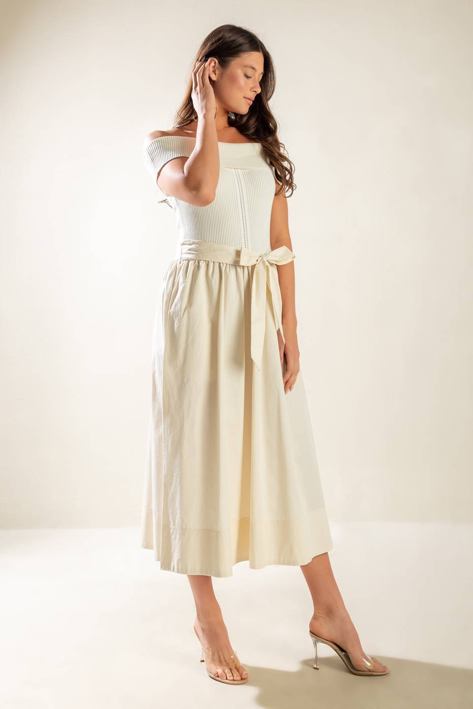 SOCIAL SEASON  OFF SHOULDER MIDI DRESS