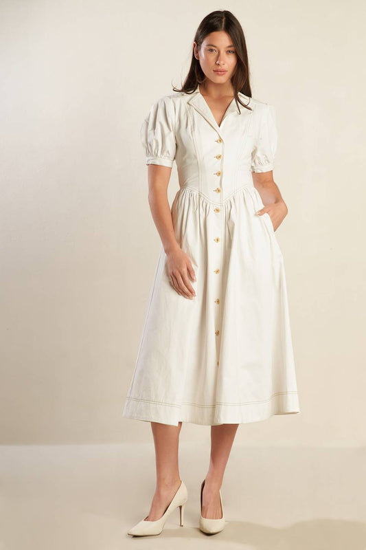 LOVELY STEPS WHITE WOVEN MIDI DRESS