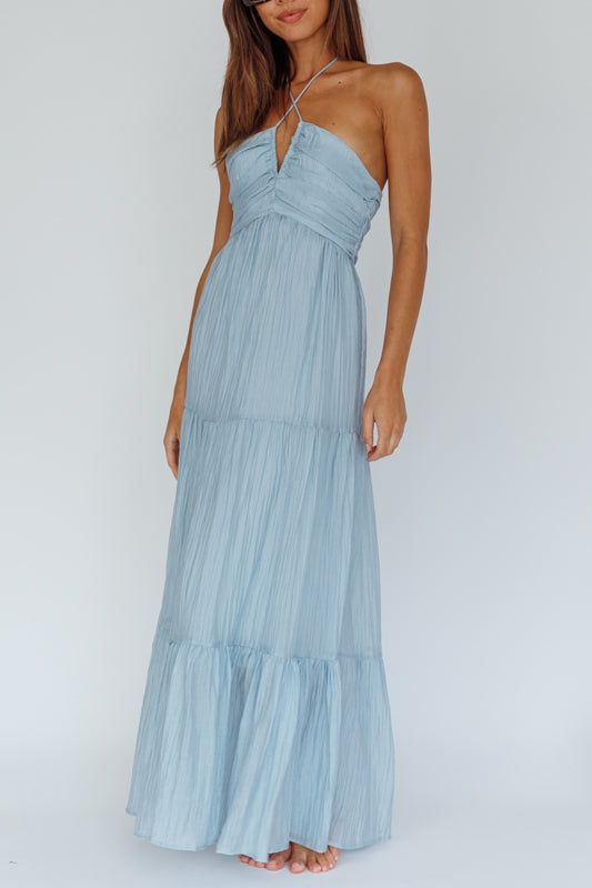 Light Blue crinkle fabric maxi dress with a wired v neck line and thin halter criss cross straps 