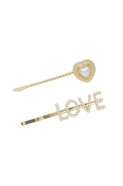 Pearl & Gold Love Heart Hair Pin Set