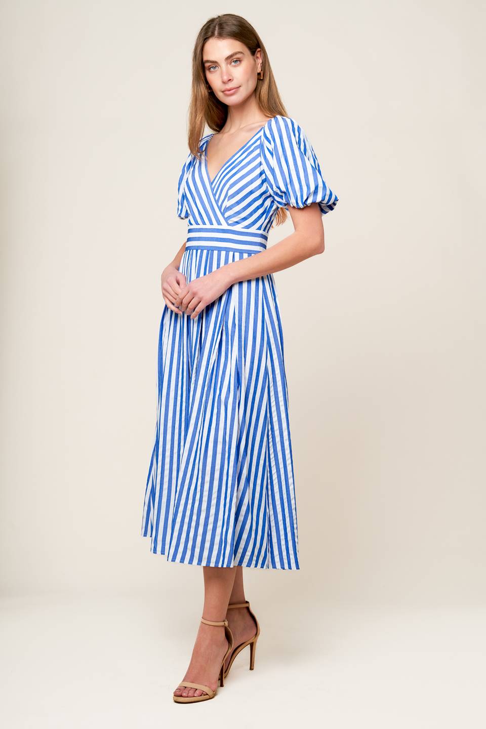 SUNSET STEPS BLUE WOVEN MIDI DRESS