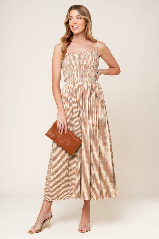 VALHALLA BROWN STRIPED WOVEN MIDI DRESS