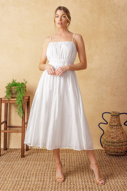 BACK AND FORTH EYELET MIDI DRESS