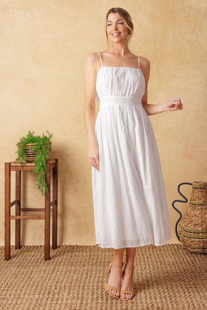 BACK AND FORTH EYELET MIDI DRESS